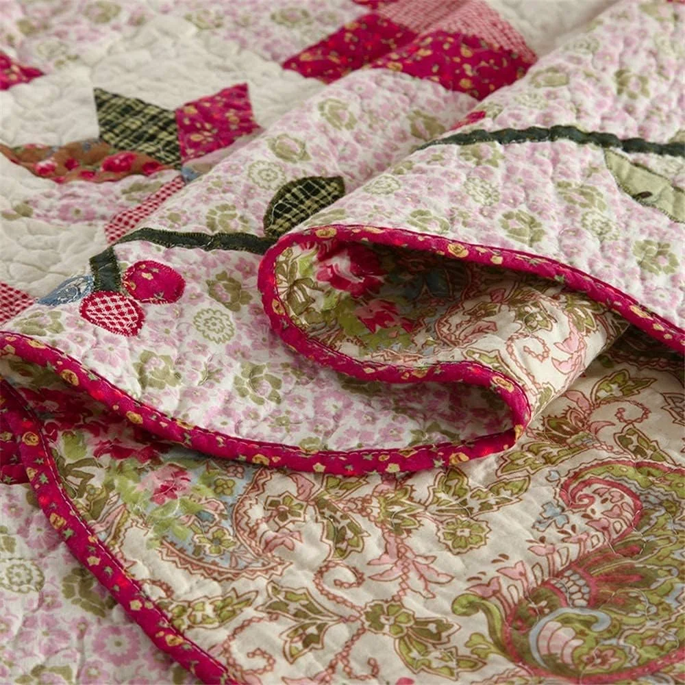 روتختی تکه دوزی شده کینگ سایز GBMULG، طرح گلدار صورتی، پنبه ای، سه تکه، لحاف سبک وزن، رو تختی 230x250 سانتی متر