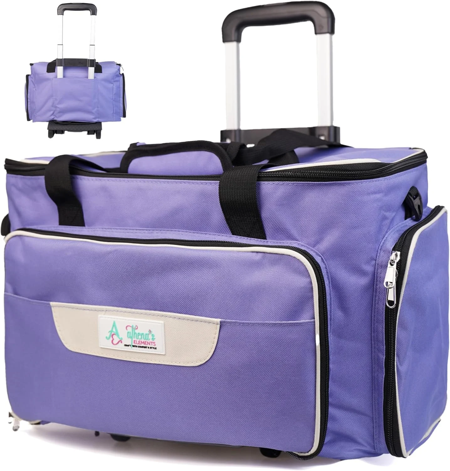 کیف چرخ خیاطی چرخ دار Athena's Elements با 4 چرخ، کیف حمل چرخ خیاطی، مشکی با حاشیه بنفش، دالی چرخ دار جداشدنی، محفظه های متعدد ذخیره سازی، اندازه استاندارد (بنفش مه آلود)