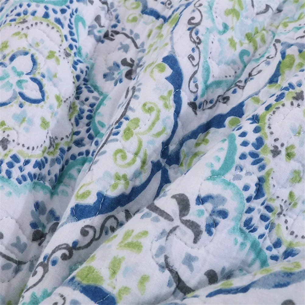 ست روتختی سه تکه طرح دار سایز کینگ 230 × 250 سانتی متر، پنبه ای، آبی، سبک روستایی، تکه دوزی رنگارنگ، مناسب تخت دو نفره به همراه 2 روبالشی