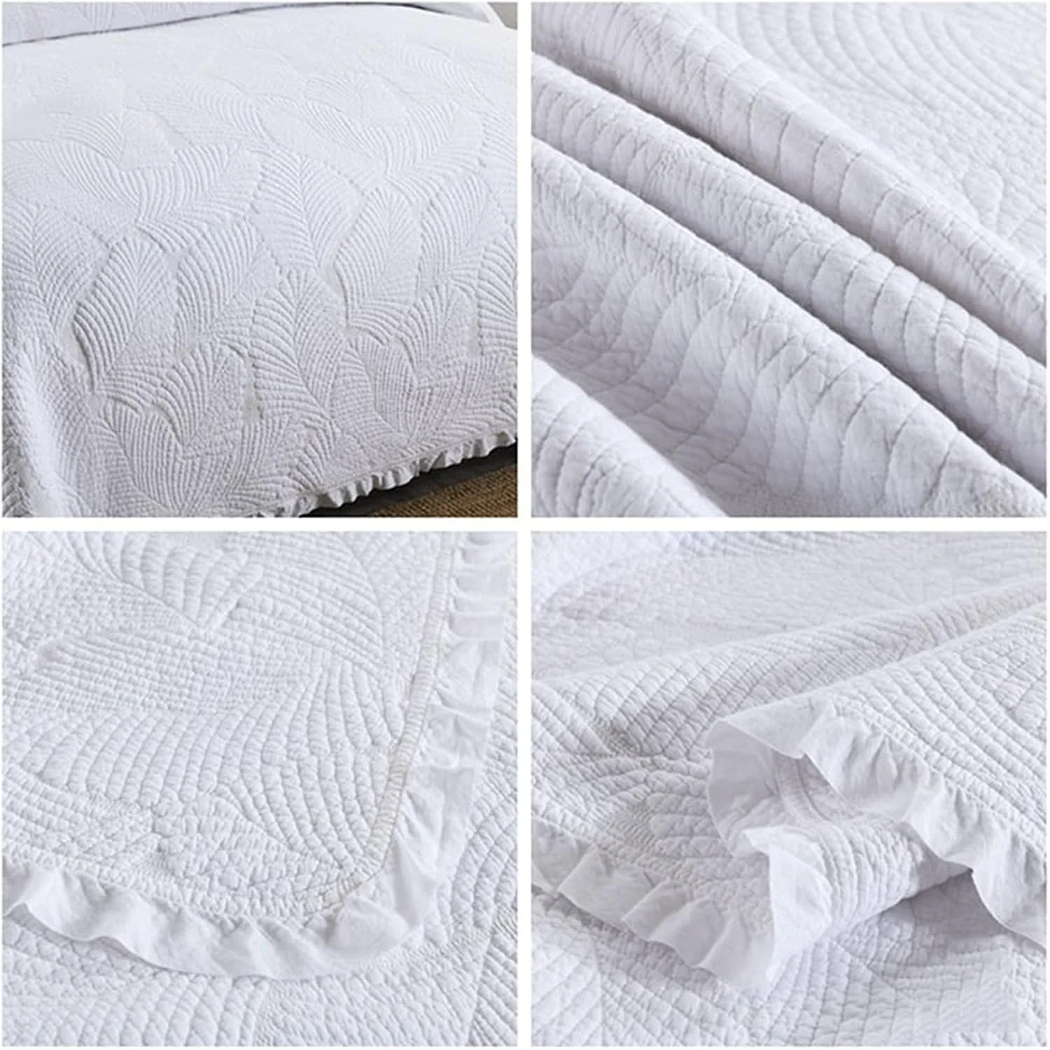 روتختی کینگ سایز طرح دار لبه قارچی، تکه دوزی پنبه ای، طرح نخل برجسته به همراه 2 روبالشتی، نرم و سبک، سایز 230x250 سانتی متر، سفید