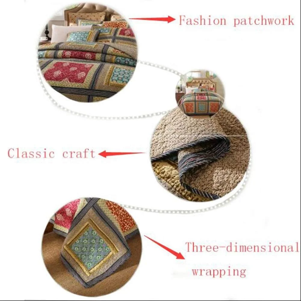 روتختی سه تکه پنبه ای طرح تکه دوزی چاپی به سبک اروپایی، رو تختی و روبالشی سایز کینگ، 230cm250cm,-king 230cm*250cm