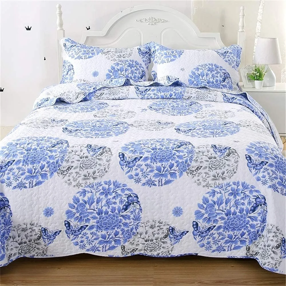 روتختی لحاف‌دوزی شده طرح تکه‌دوزی آبی و سفید، روتختی چند منظوره چهار فصل، منسوجات خانگی