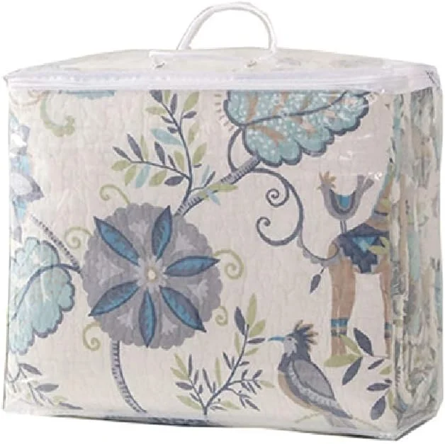 روتختی لحاف‌دوزی شده سفید GBMULG، ست 3 تکه ملحفه، روکش تخت پنبه‌ای، لحاف تکه‌دوزی شده با طرح گل‌های آبی، همراه با روبالشی، مناسب برای چهار فصل