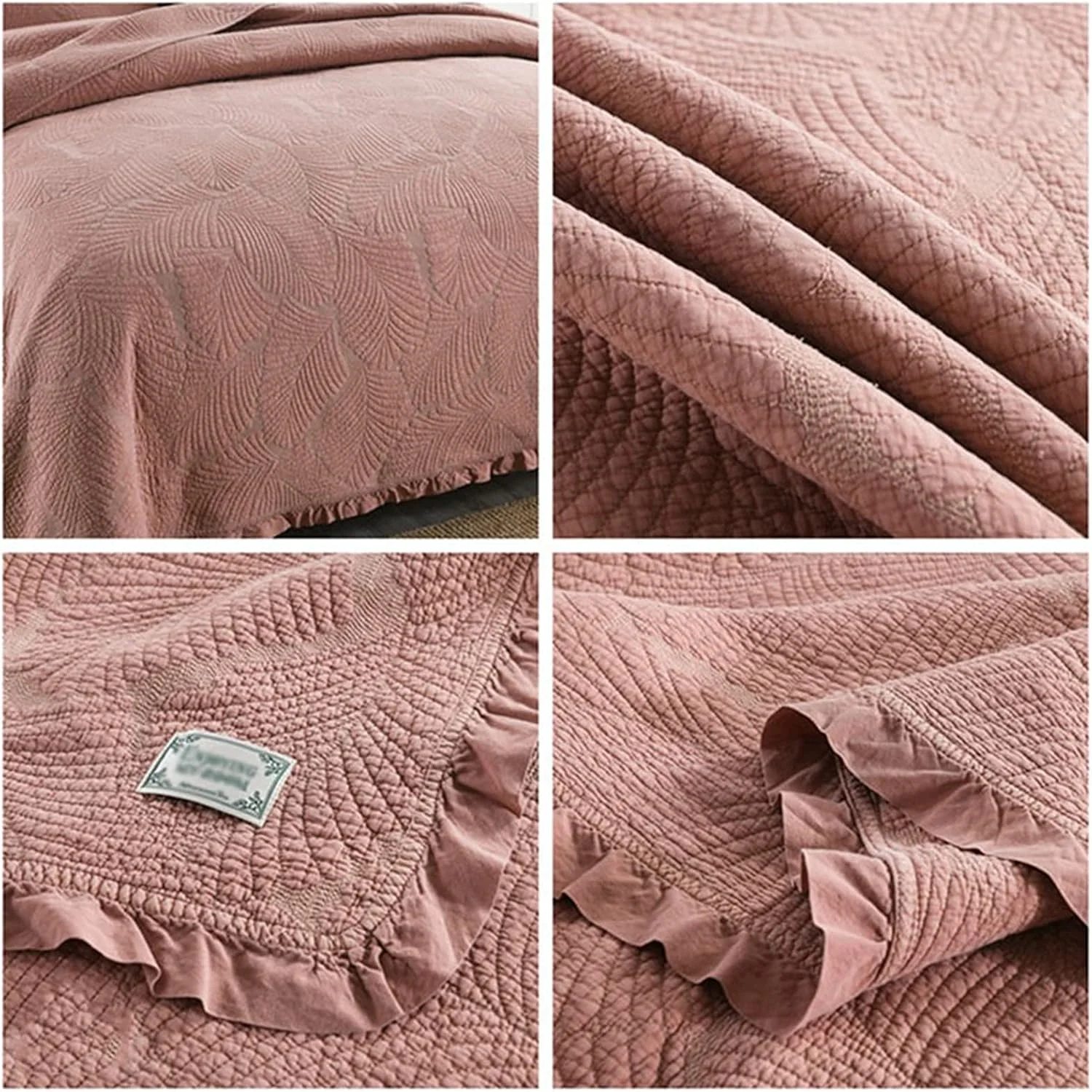 روتختی کینگ سایز طرح دار لبه قارچی، تکه دوزی پنبه ای، طرح نخل برجسته به همراه 2 روبالشتی، نرم و سبک، سایز 230x250 سانتی متر، سفید، صورتی