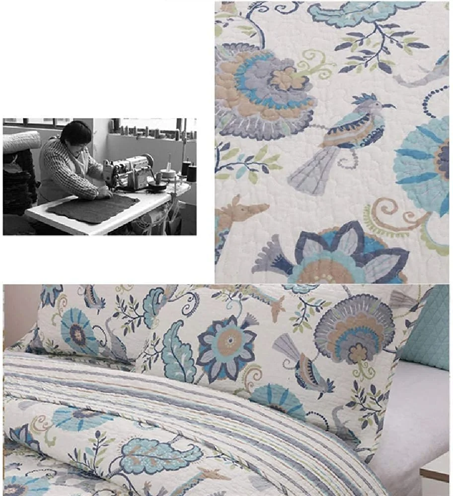 روتختی لحاف‌دوزی شده سفید GBMULG، ست 3 تکه ملحفه، روکش تخت پنبه‌ای، لحاف تکه‌دوزی شده با طرح گل‌های آبی، همراه با روبالشی، مناسب برای چهار فصل
