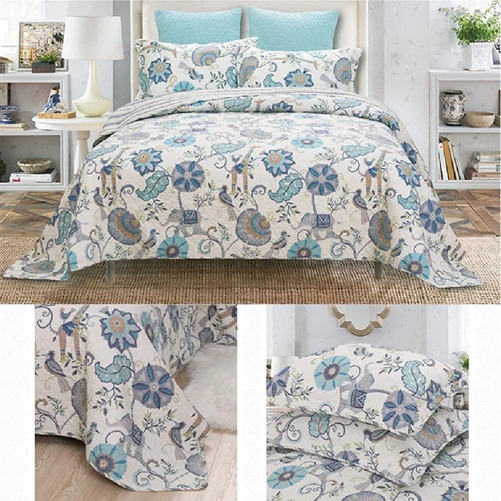 روتختی لحاف‌دوزی شده سفید GBMULG، ست 3 تکه ملحفه، روکش تخت پنبه‌ای، لحاف تکه‌دوزی شده با طرح گل‌های آبی، همراه با روبالشی، مناسب برای چهار فصل