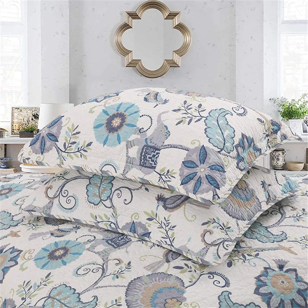 روتختی لحاف‌دوزی شده سفید GBMULG، ست 3 تکه ملحفه، روکش تخت پنبه‌ای، لحاف تکه‌دوزی شده با طرح گل‌های آبی، همراه با روبالشی، مناسب برای چهار فصل
