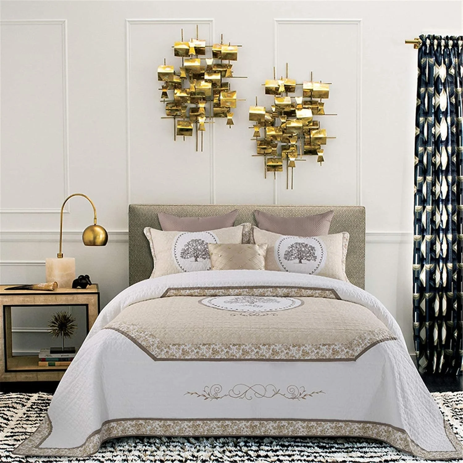 روتختی سفید طرح دار، لحاف پنبه ای طرح چهل تکه با طرح شیک درخت مناسب تخت دو نفره به همراه روبالشی - سایز کوئین 230 * 230 سانتی متر + 50 * 70 سانتی متر * 2