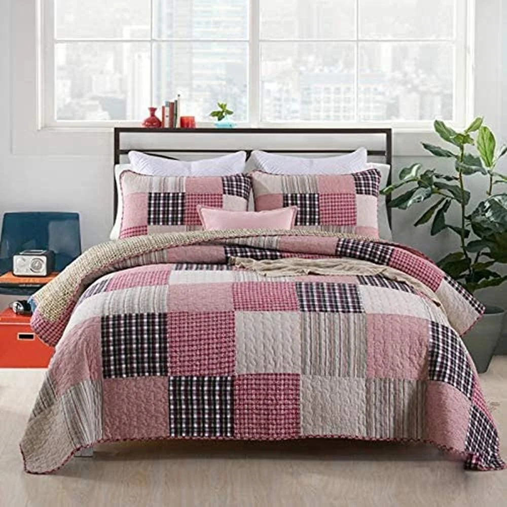 روتختی دو نفره طرح تکه دوزی پنبه ای مناسب فصل تابستان به همراه 2 روبالشتی، ضد حساسیت، لحاف قابل شستشو، 230 در 250 سانتی متر، صورتی - 230 * 250 سانتی متر