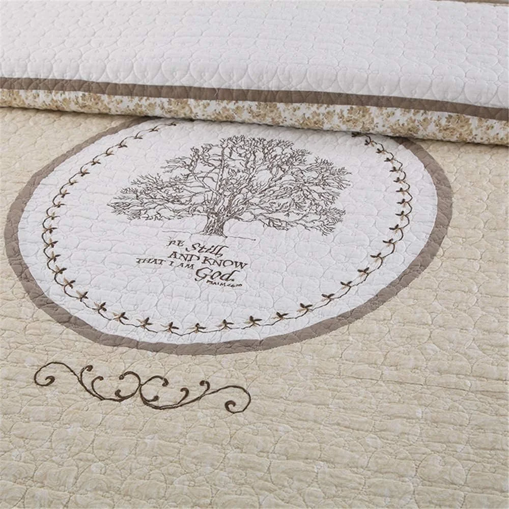 روتختی لحافی سفید طرح دار، رو تختی چهل تکه با طرح چاپی خاکی، لحاف پنبه ای، پتوی شیک با طرح درخت، ست رو تختی دو نفره به همراه روبالشتی، سایز کینگ 250*270 سانتی متر + 50*70 سانتی متر * 2