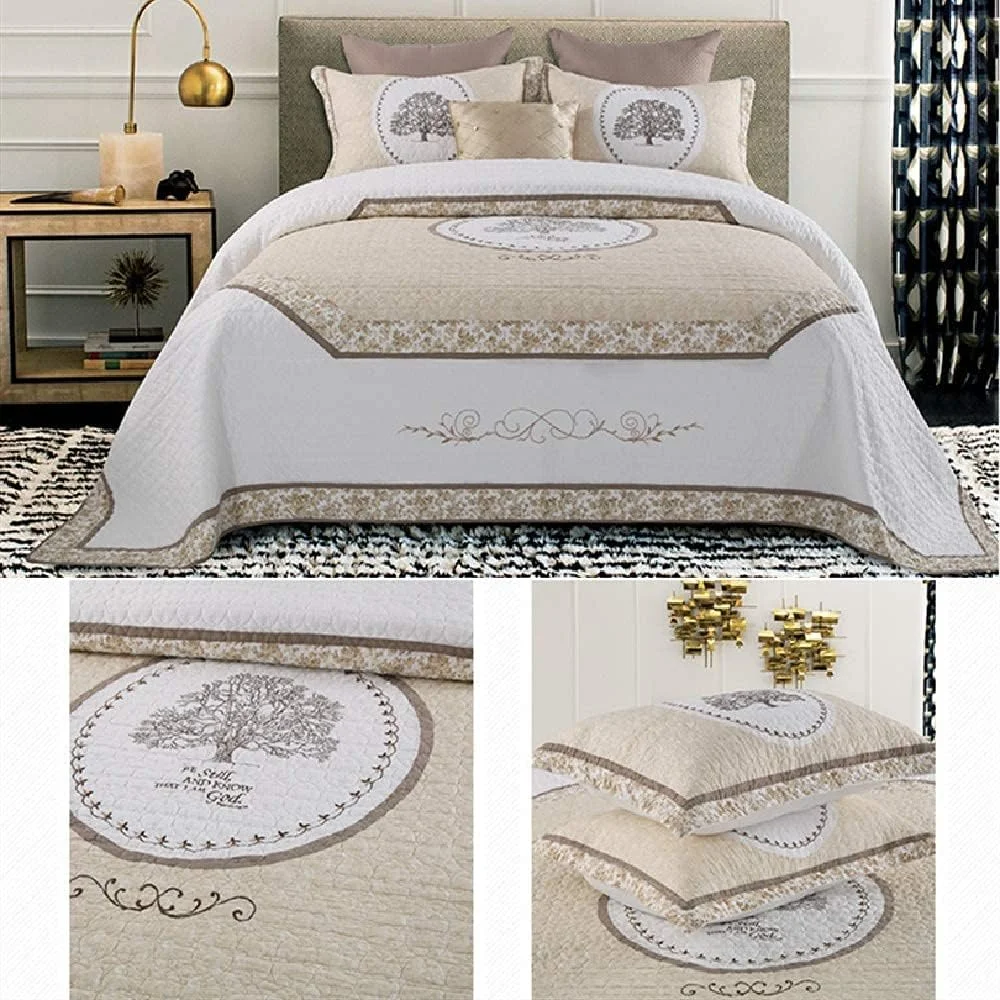 روتختی سفید طرح دار، لحاف پنبه ای طرح چهل تکه با طرح شیک درخت مناسب تخت دو نفره به همراه روبالشی - سایز کوئین 230 * 230 سانتی متر + 50 * 70 سانتی متر * 2
