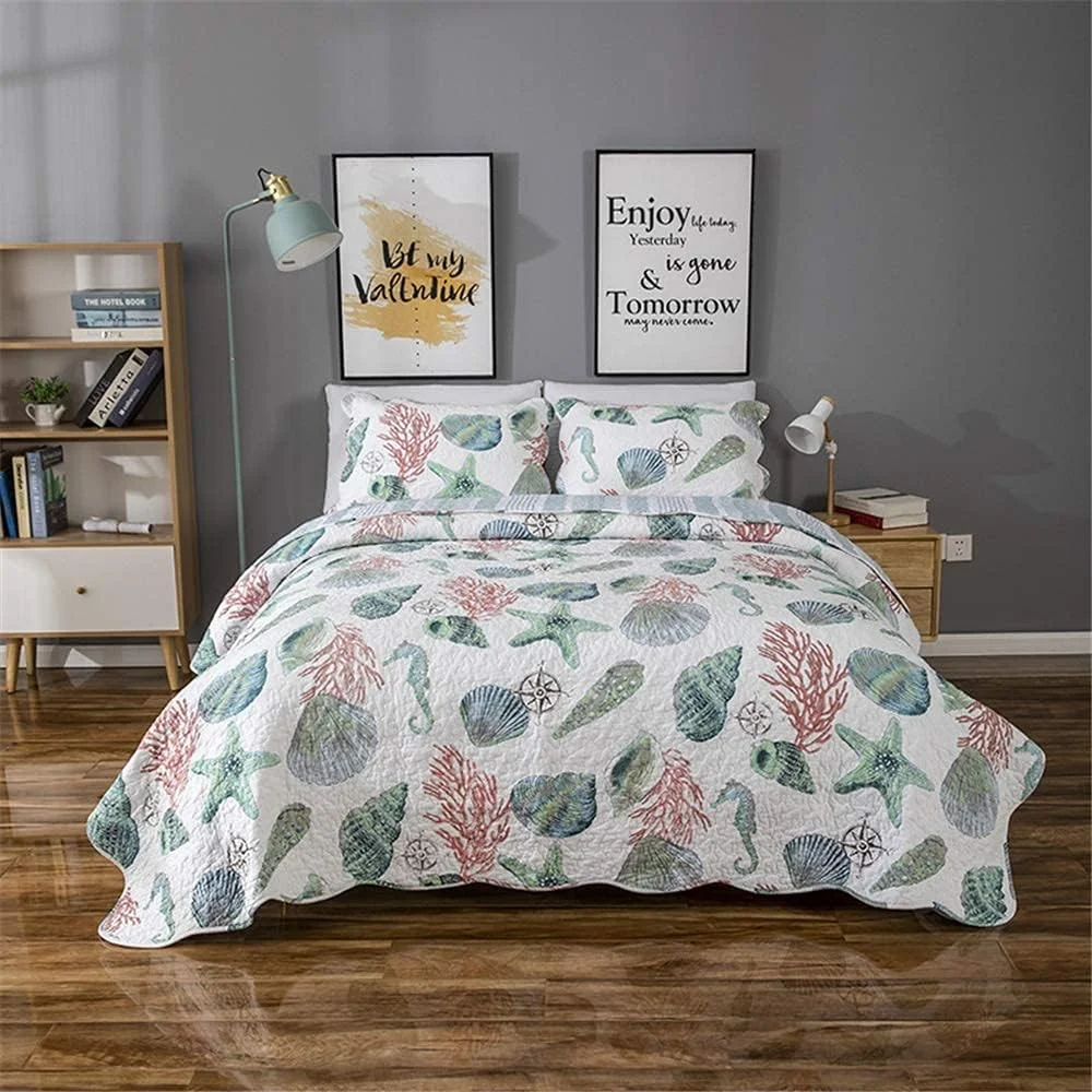 روتختی تکه دوزی شده جی بی ام یو ال جی، طرح ستاره دریایی و صدف، روتختی سه تکه زیبا، رو تختی دو رو از جنس پنبه و پلی استر به همراه 2 روبالشتی