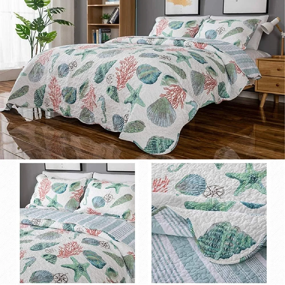 روتختی تکه دوزی شده جی بی ام یو ال جی، طرح ستاره دریایی و صدف، روتختی سه تکه زیبا، رو تختی دو رو از جنس پنبه و پلی استر به همراه 2 روبالشتی