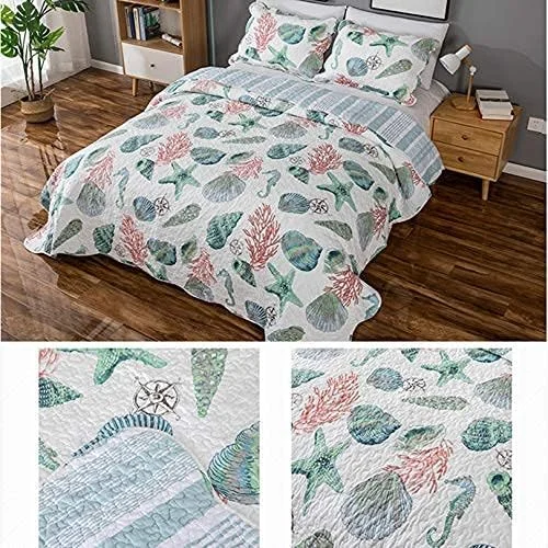 روتختی تکه دوزی شده جی بی ام یو ال جی، طرح ستاره دریایی و صدف، روتختی سه تکه زیبا، رو تختی دو رو از جنس پنبه و پلی استر به همراه 2 روبالشتی