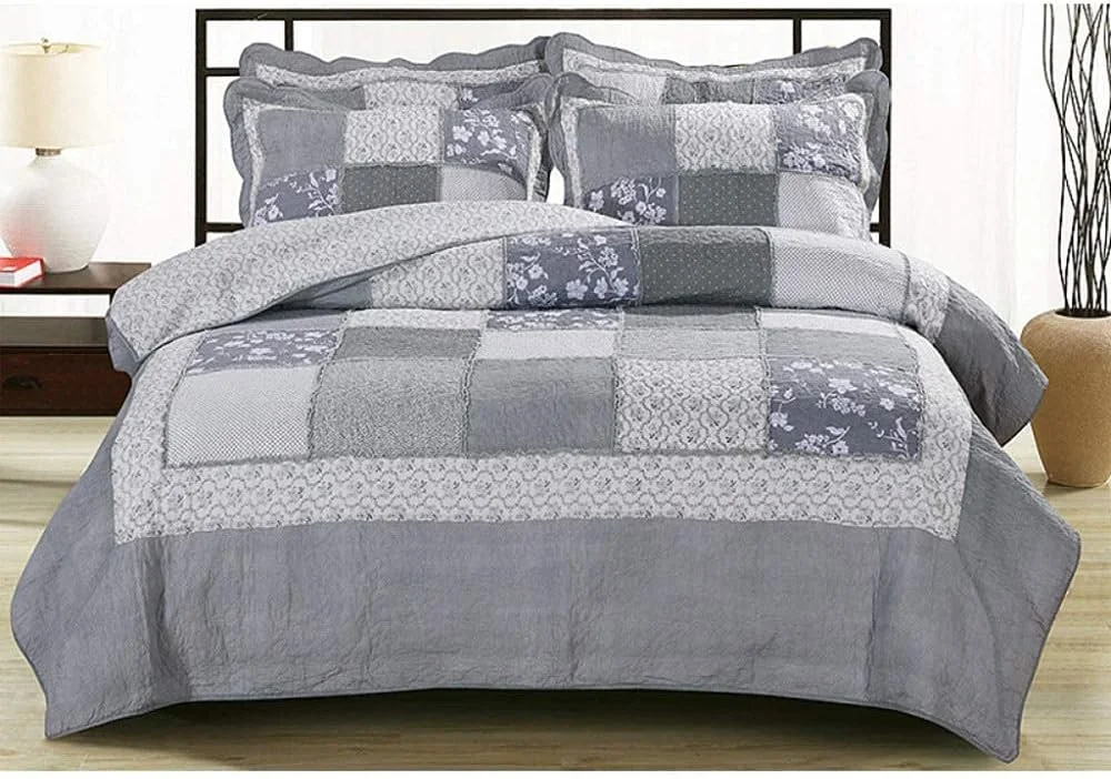 روتختی دو نفره سایز کینگ طرح تکه دوزی پنبه ای لحاف سه تکه شامل رو تختی و 2 روبالشتی ملحفه سبک وزن، خاکستری-230X250 سانتی متر، خاکستری-کینگ 230X250 سانتی متر