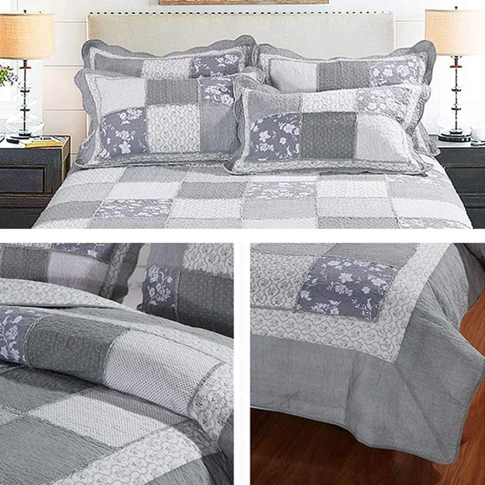 روتختی دو نفره سایز کینگ طرح تکه دوزی پنبه ای لحاف سه تکه شامل رو تختی و 2 روبالشتی ملحفه سبک وزن، خاکستری-230X250 سانتی متر، خاکستری-کینگ 230X250 سانتی متر