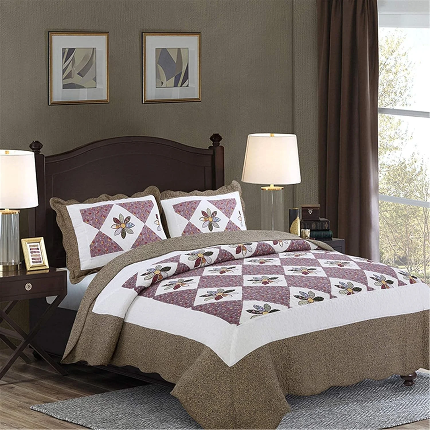 روتختی طرح تکه دوزی شده، طرح گلدار قهوه ای سفید قدیمی با 2 روبالشتی، پنبه ای نرم و تنفس پذیر 3 تکه، لحاف روتختی مناسب تمام فصول، پتوی چند منظوره