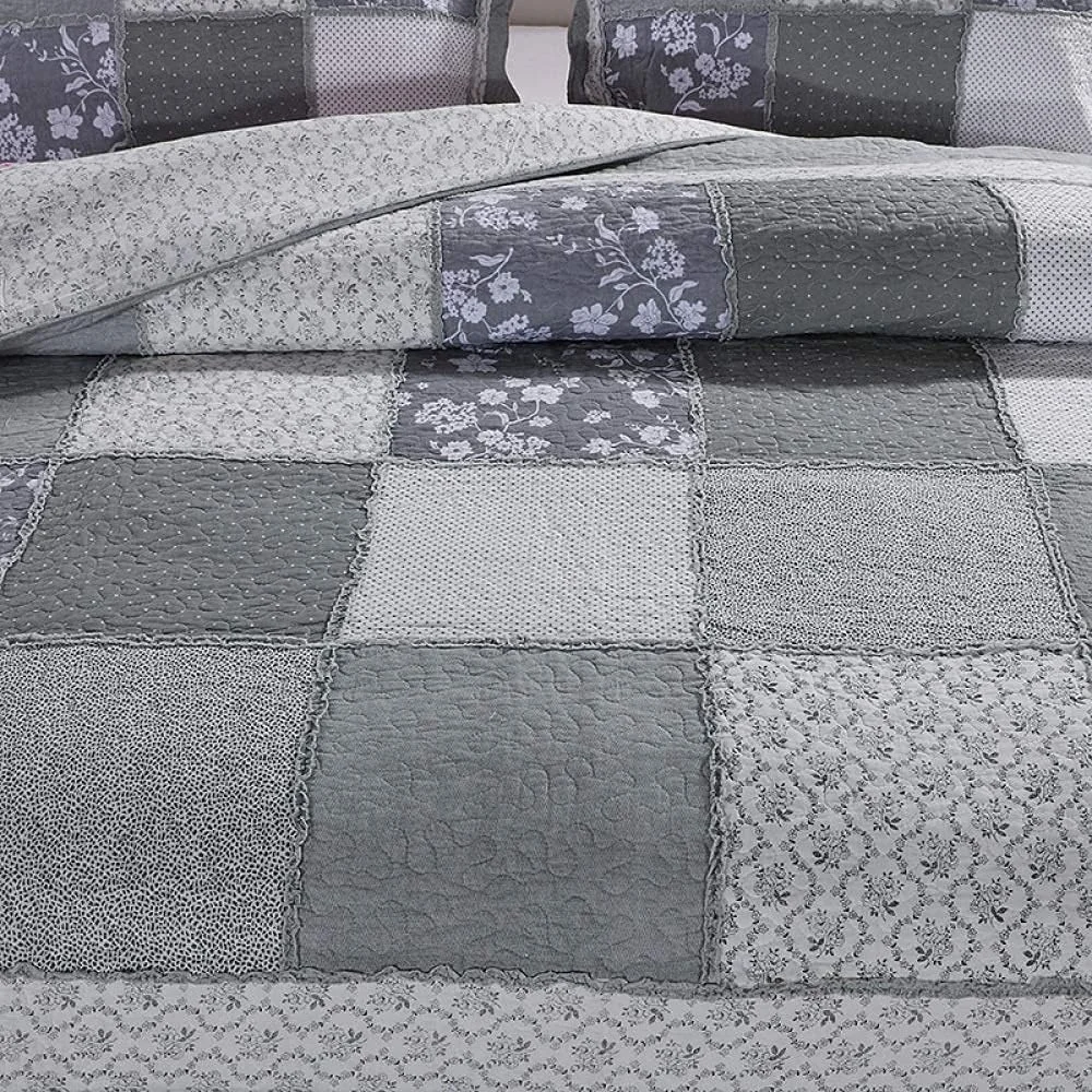 روتختی دو نفره سایز کینگ طرح تکه دوزی پنبه ای لحاف سه تکه شامل رو تختی و 2 روبالشتی ملحفه سبک وزن، خاکستری-230X250 سانتی متر، خاکستری-کینگ 230X250 سانتی متر