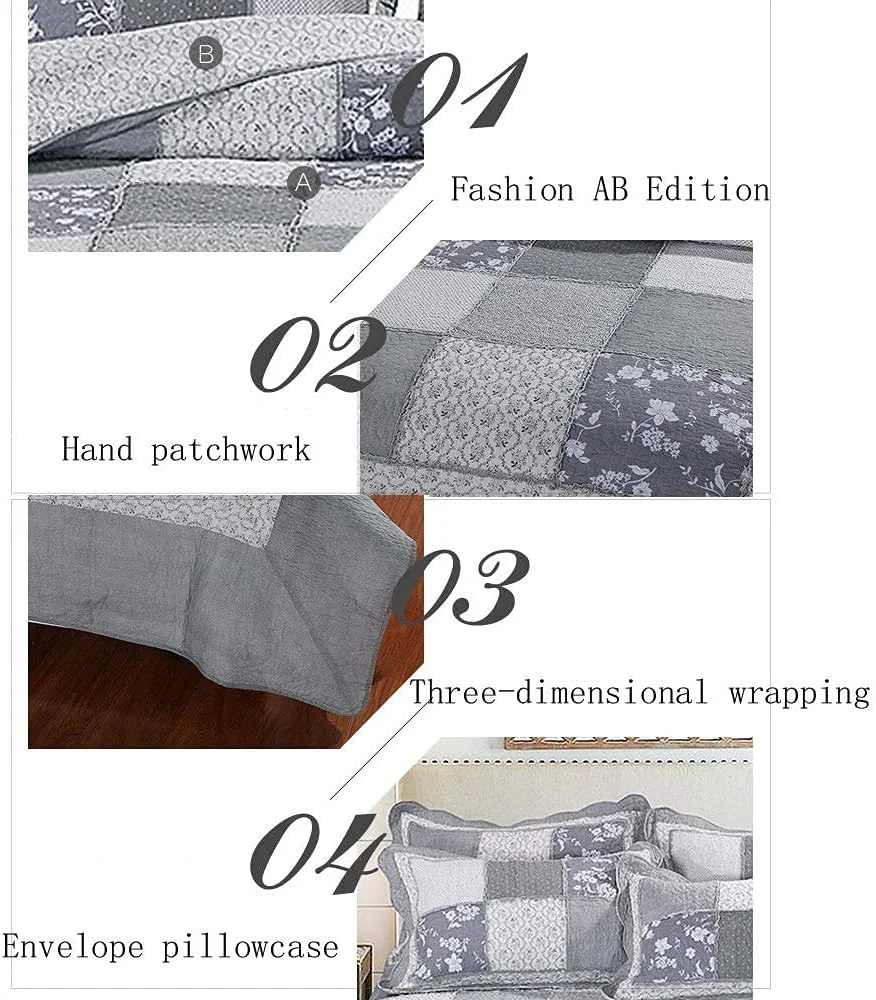 روتختی دو نفره سایز کینگ طرح تکه دوزی پنبه ای لحاف سه تکه شامل رو تختی و 2 روبالشتی ملحفه سبک وزن، خاکستری-230X250 سانتی متر، خاکستری-کینگ 230X250 سانتی متر
