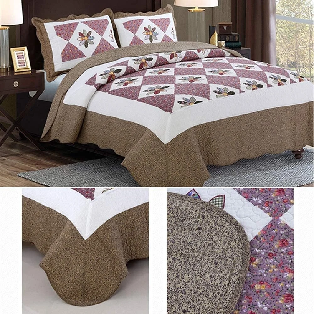 روتختی طرح تکه دوزی شده، طرح گلدار قهوه ای سفید قدیمی با 2 روبالشتی، پنبه ای نرم و تنفس پذیر 3 تکه، لحاف روتختی مناسب تمام فصول، پتوی چند منظوره روتختی طرح تکه دوزی شده، طرح گلدار قهوه ای سفید قدیمی با 2 روبالشتی، پنبه ای نرم و تنفس پذیر 3 تکه، لحاف روتختی مناسب تمام فصول، پتوی چند منظوره