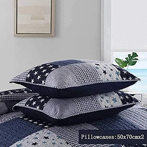 روتختی طرح تکه دوزی دست ساز، ست سه تکه لحاف پنبه ای طرح قدیمی شامل رو تختی و روبالشتی، سبک، نرم و چند منظوره، آبی