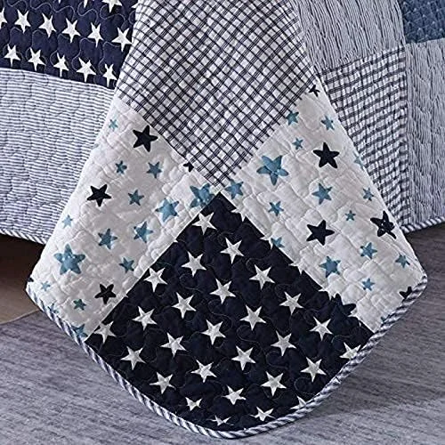 روتختی طرح تکه دوزی دست ساز، ست سه تکه لحاف پنبه ای طرح قدیمی شامل رو تختی و روبالشتی، سبک، نرم و چند منظوره، آبی