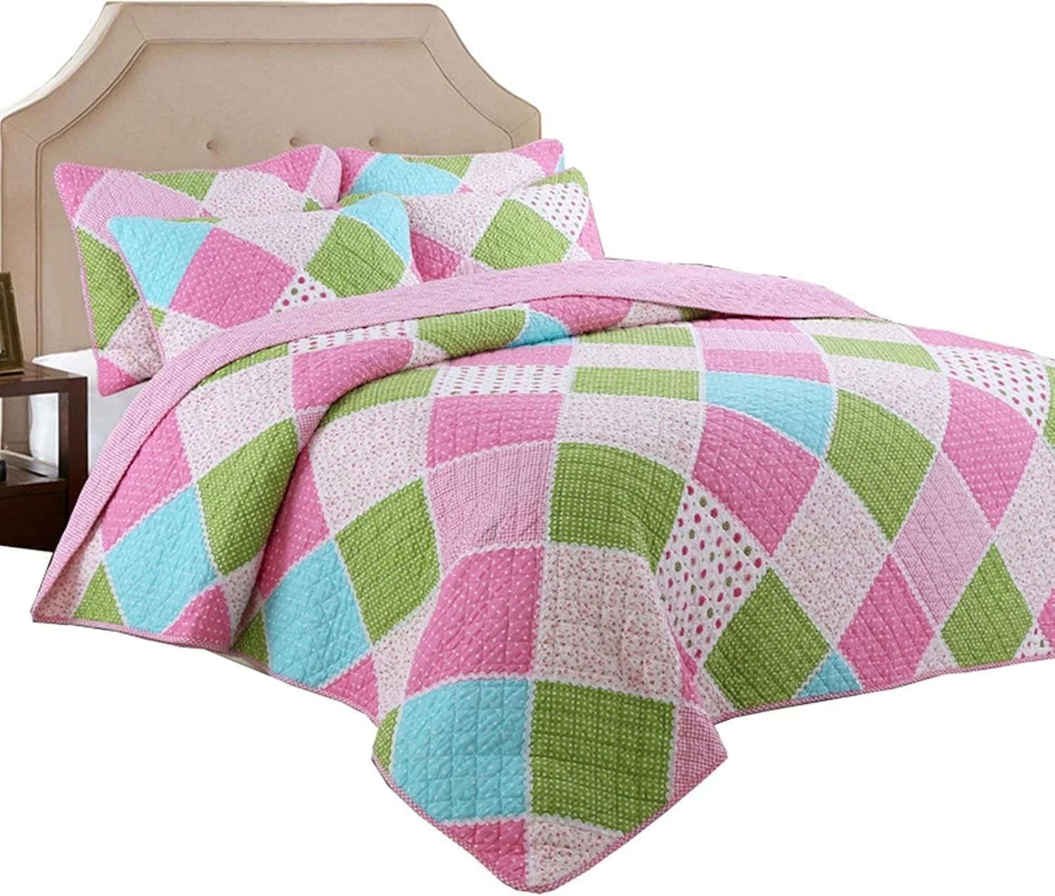 روتختی لحافی دو رو پنبه ای، طرح هندسی تکه دوزی شده، لحاف مبل، - 3 تکه 230×250 سانتی متر، آبی پودری و سبز