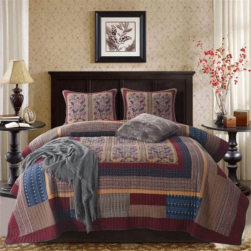 روتختی پنبه ای طرح دار سایز کینگ سه تکه قهوه ای تیره سبک قدیمی، لحاف تکه دوزی برگشت پذیر، ملحفه تخت طرح دار قرمز قدیمی، 230x250 سانتی متر، -230x250 سانتی متر