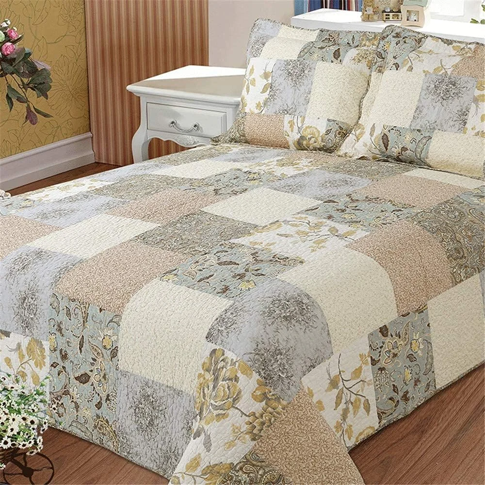 روتختی و روبالشتی طرح گل های قدیمی، سایز خیلی بزرگ 250x270 سانتی متر، پنبه ای، تکه دوزی شده مناسب تخت کینگ به همراه 2 روبالشتی