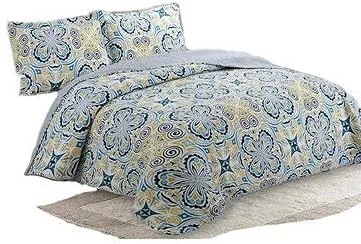 روتختی شیک و دو رو، طرح های روتختی لحافی یکپارچهسازی با تکه های پارچه، آبی زرد با گلدوزی طرح گل، به همراه 2 عدد روبالشتی میکروفایبر، مناسب برای تمام فصول، 3 تکه 240x260 سانتی متر