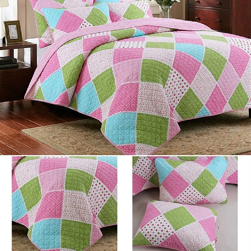 روتختی لحافی دو رو پنبه ای، طرح هندسی تکه دوزی شده، لحاف مبل، - 3 تکه 230×250 سانتی متر، آبی پودری و سبز