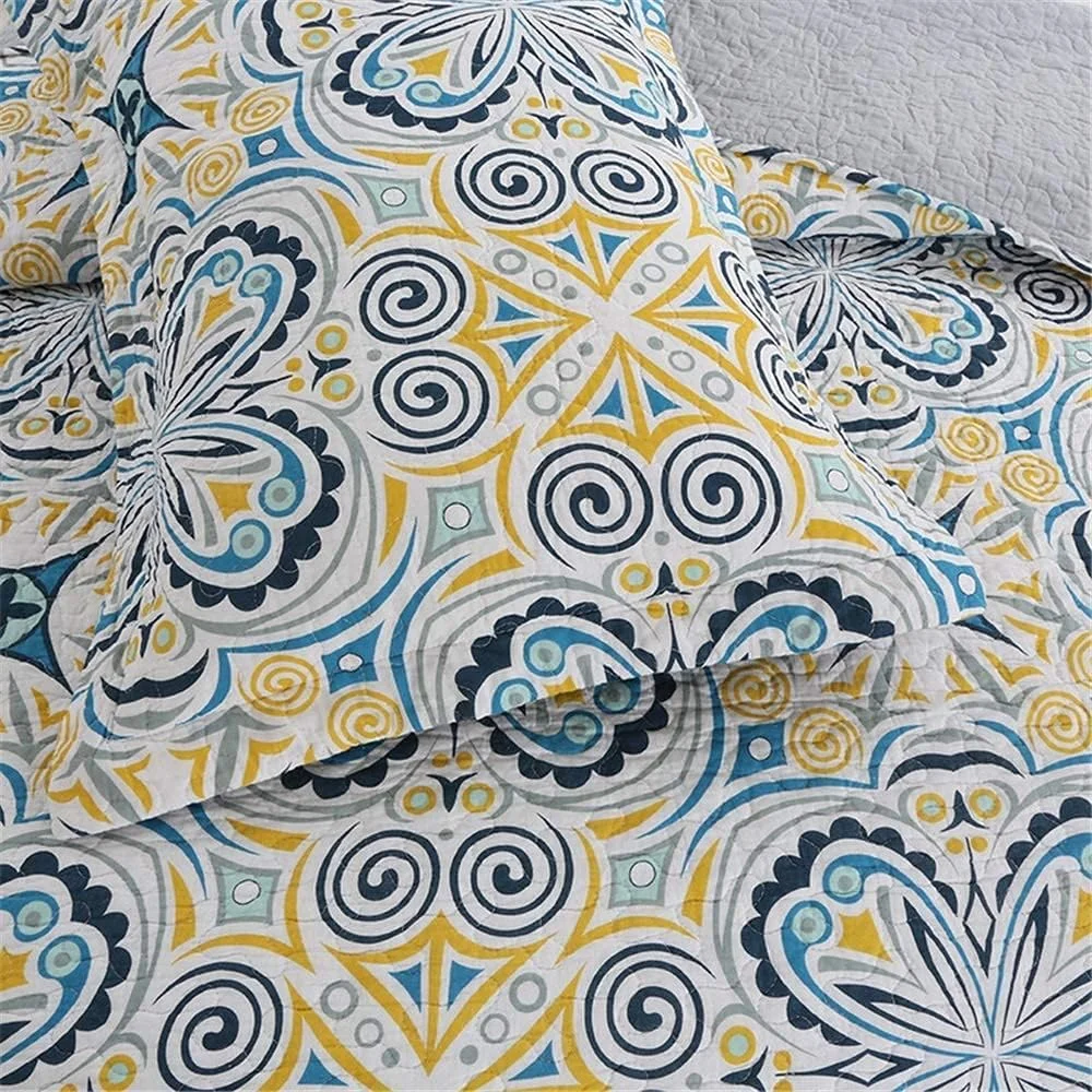 روتختی شیک و دو رو، طرح های روتختی لحافی یکپارچهسازی با تکه های پارچه، آبی زرد با گلدوزی طرح گل، به همراه 2 عدد روبالشتی میکروفایبر، مناسب برای تمام فصول، 3 تکه 240x260 سانتی متر
