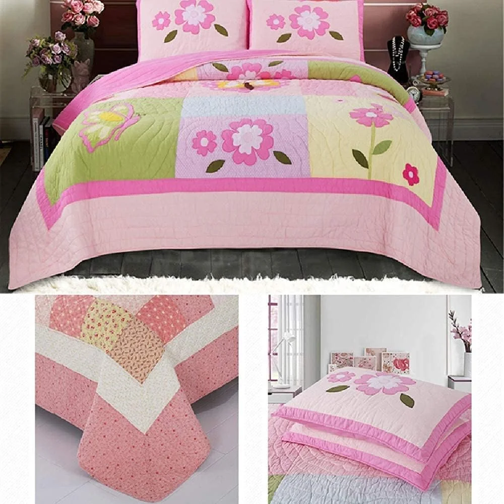 روتختی طرح دار، ست ملحفه صورتی 3 تکه سایز کینگ، طرح گل ساده، روتختی پنبه ای مناسب اتاق دخترانه، ست لحاف و دو عدد روبالشتی