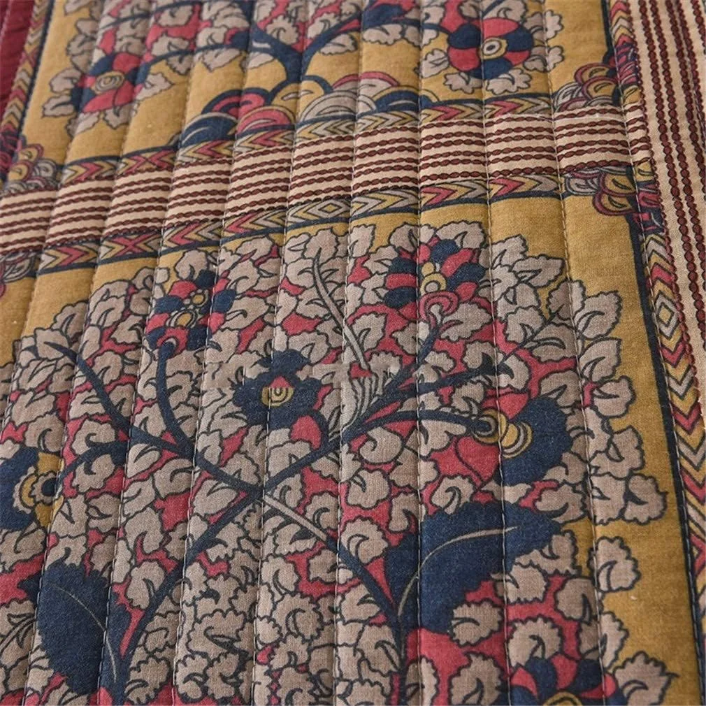 روتختی پنبه ای طرح دار سایز کینگ سه تکه قهوه ای تیره سبک قدیمی، لحاف تکه دوزی برگشت پذیر، ملحفه تخت طرح دار قرمز قدیمی، 230x250 سانتی متر، -230x250 سانتی متر