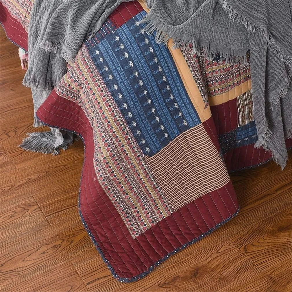 روتختی پنبه ای طرح دار سایز کینگ سه تکه قهوه ای تیره سبک قدیمی، لحاف تکه دوزی برگشت پذیر، ملحفه تخت طرح دار قرمز قدیمی، 230x250 سانتی متر، -230x250 سانتی متر