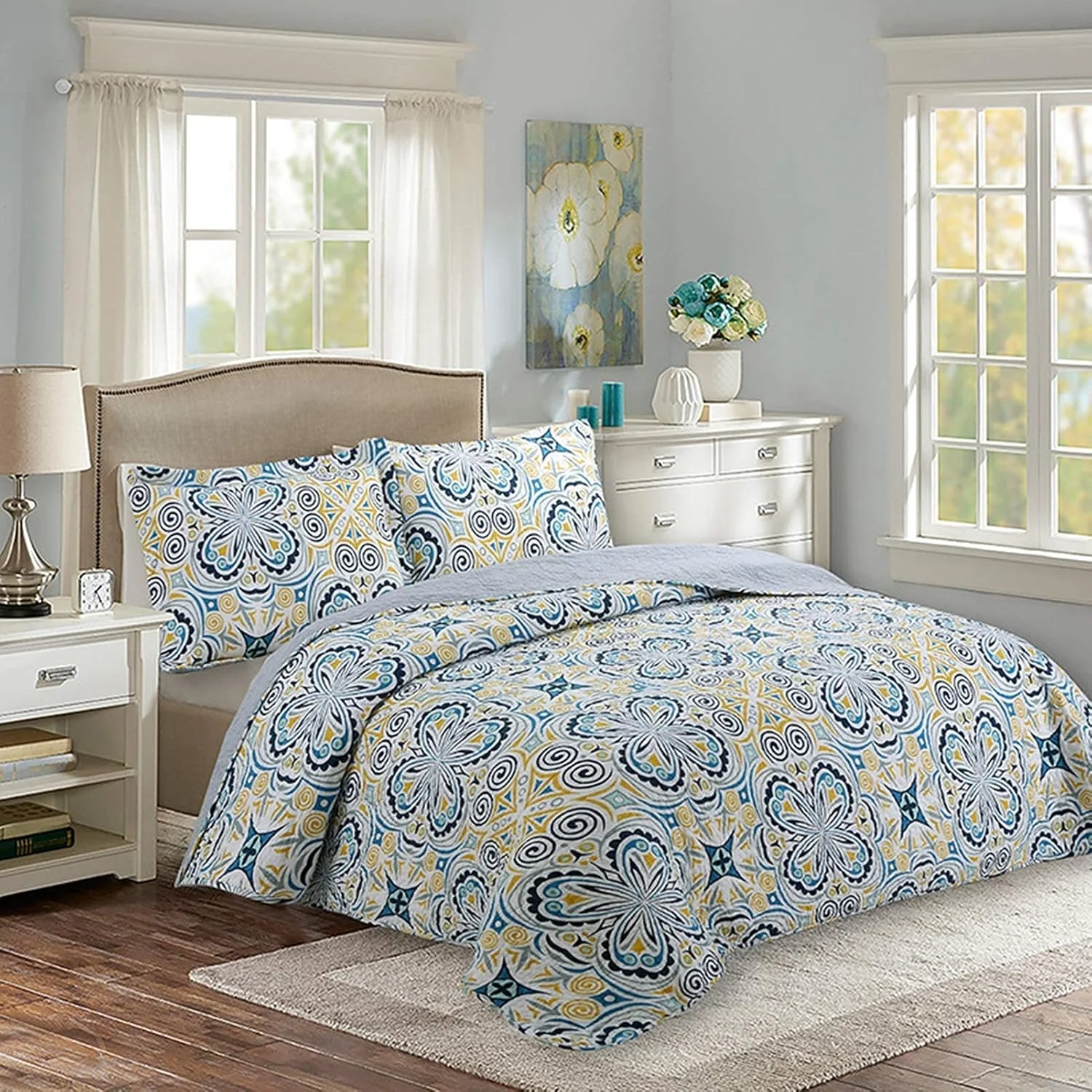 روتختی شیک و دو رو، طرح های روتختی لحافی یکپارچهسازی با تکه های پارچه، آبی زرد با گلدوزی طرح گل، به همراه 2 عدد روبالشتی میکروفایبر، مناسب برای تمام فصول، 3 تکه 240x260 سانتی متر