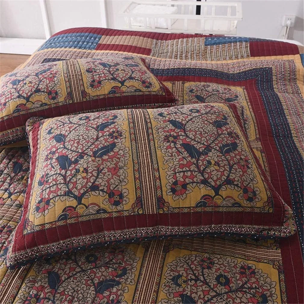 روتختی پنبه ای طرح دار سایز کینگ سه تکه قهوه ای تیره سبک قدیمی، لحاف تکه دوزی برگشت پذیر، ملحفه تخت طرح دار قرمز قدیمی، 230x250 سانتی متر، -230x250 سانتی متر