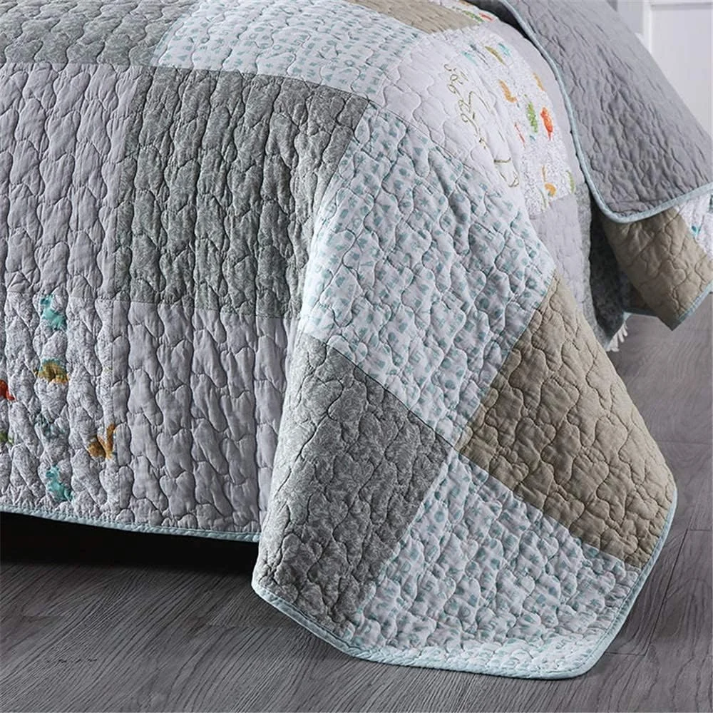 روتختی طرح دایناسور سایز کینگ سه تکه آبی روشن، لحاف تکه دوزی برگشت پذیر 230x250 سانتی متر