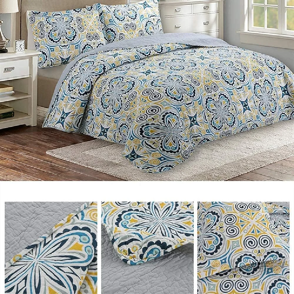 روتختی شیک و دو رو، طرح های روتختی لحافی یکپارچهسازی با تکه های پارچه، آبی زرد با گلدوزی طرح گل، به همراه 2 عدد روبالشتی میکروفایبر، مناسب برای تمام فصول، 3 تکه 240x260 سانتی متر