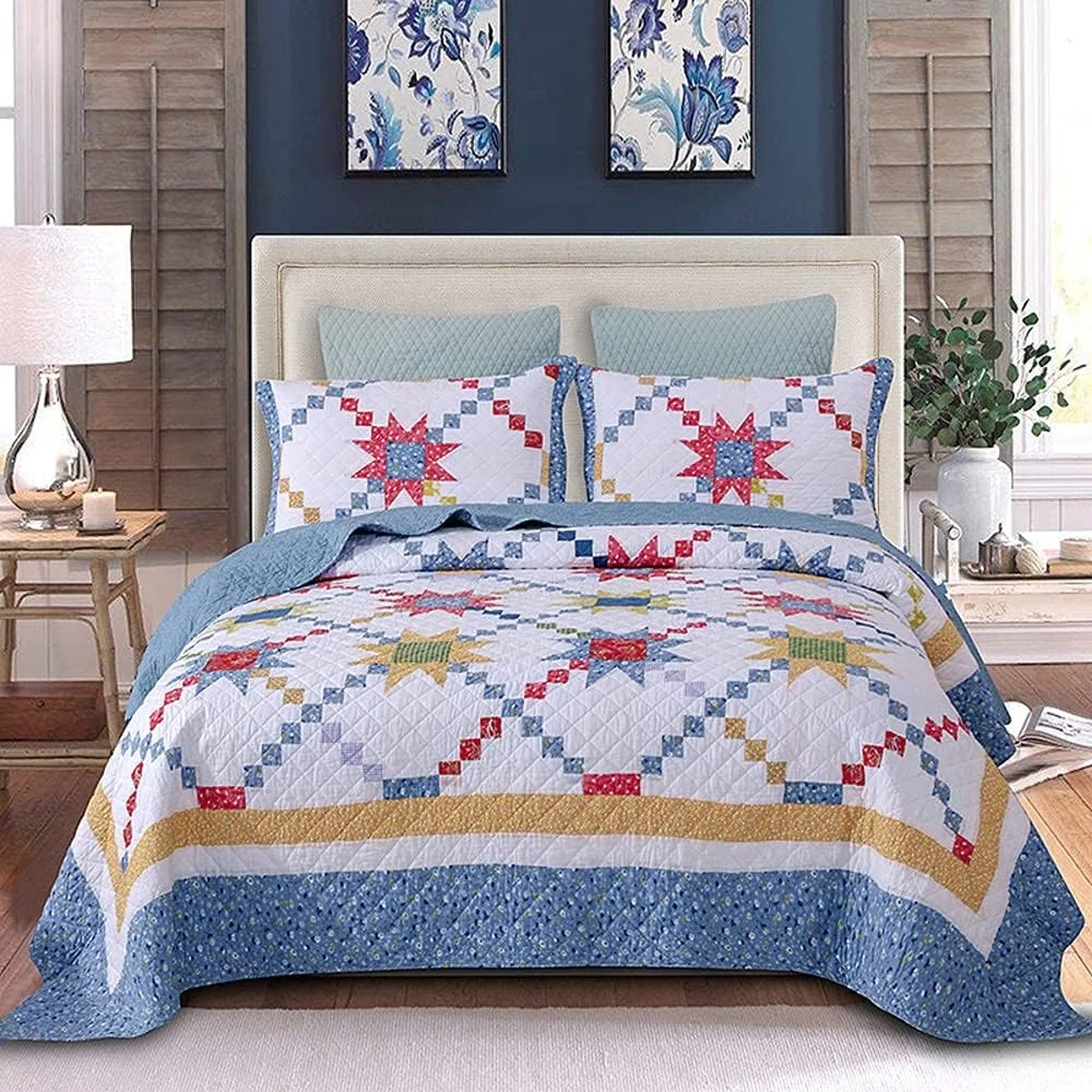 GBMULG Bedspreads Double Size, Quilted Bedspread King Cotton Patchwork Quilts Bedding Throws Set Comforter And Pillow Shams,Blue-240X270cm,Blue-supre king 240X270cm