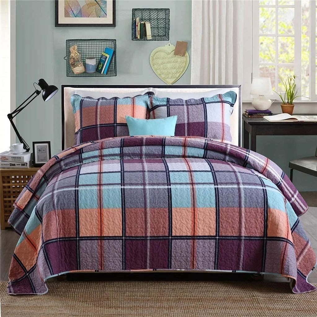 ست روتختی لحاف‌دار طرح تکه دوزی مربعی دونفره بزرگ 4 تکه، لحاف نخی، روانداز تخت 230 در 250 سانتی‌متر، میکروفایبر سبک وزن اولتراسونیک