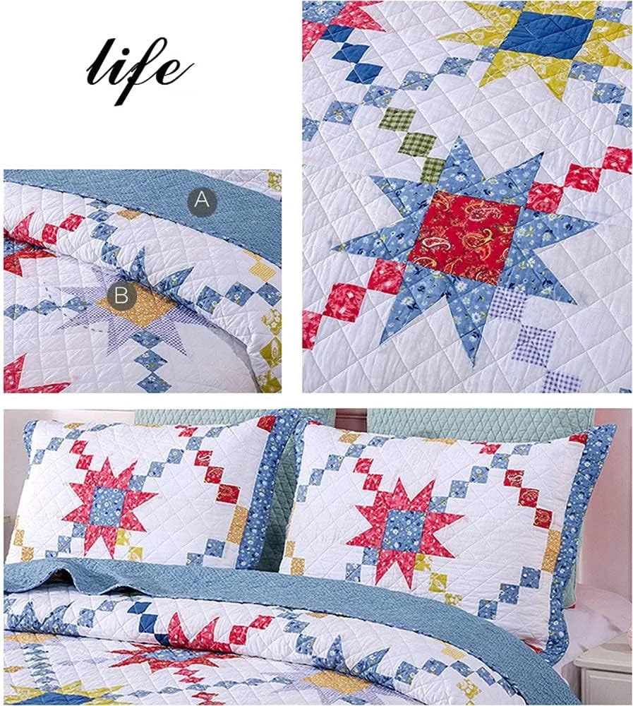 GBMULG Bedspreads Double Size, Quilted Bedspread King Cotton Patchwork Quilts Bedding Throws Set Comforter And Pillow Shams,Blue-240X270cm,Blue-supre king 240X270cm