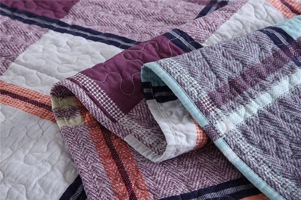 ست روتختی لحاف‌دار طرح تکه دوزی مربعی دونفره بزرگ 4 تکه، لحاف نخی، روانداز تخت 230 در 250 سانتی‌متر، میکروفایبر سبک وزن اولتراسونیک