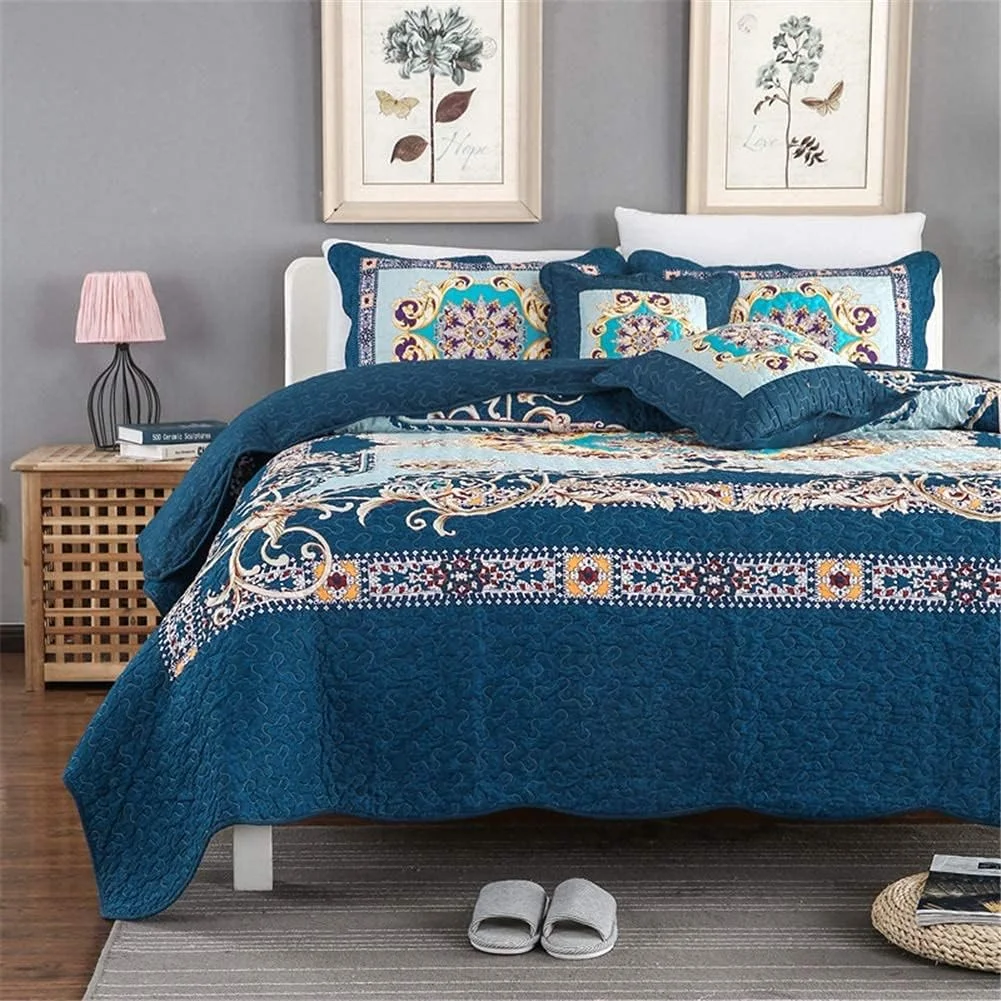 روتختی کینگ سایز 5 تکه GBMULG، پنبه آبی با گلدوزی گل، سبک وزن، تکه دوزی شده، روتختی دو نفره، رو تختی لحافی با 4 روبالشی، 230 x 250 سانتی متر روتختی کینگ سایز 5 تکه GBMULG، پنبه آبی با گلدوزی گل، سبک وزن، تکه دوزی شده، روتختی دو نفره، رو تختی لحافی با 4 روبالشی، 230 x 250 سانتی متر