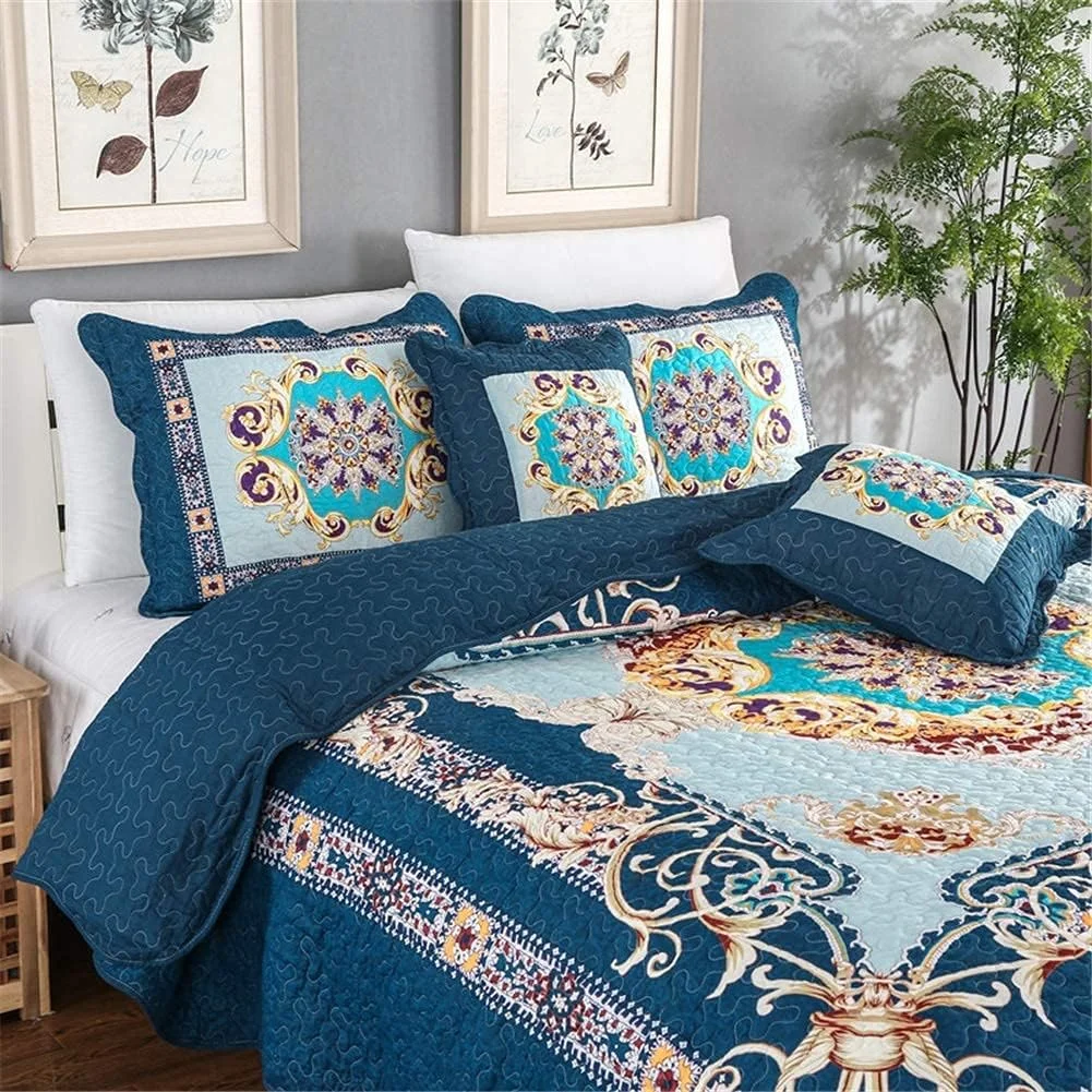 روتختی کینگ سایز 5 تکه GBMULG، پنبه آبی با گلدوزی گل، سبک وزن، تکه دوزی شده، روتختی دو نفره، رو تختی لحافی با 4 روبالشی، 230 x 250 سانتی متر روتختی کینگ سایز 5 تکه GBMULG، پنبه آبی با گلدوزی گل، سبک وزن، تکه دوزی شده، روتختی دو نفره، رو تختی لحافی با 4 روبالشی، 230 x 250 سانتی متر