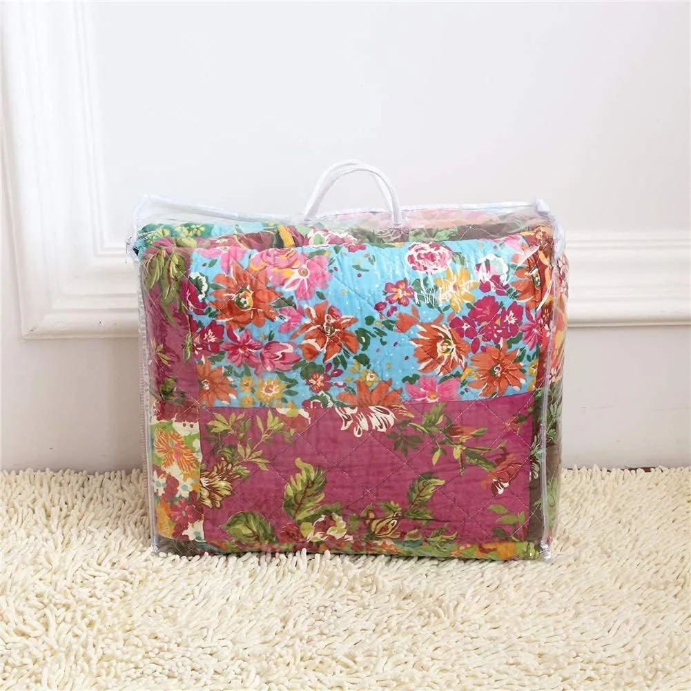 روتختی کینگ سایز طرح دار سه تکه، سبک بوهو وینتج، طرح گلدار، پنبه ای تکه دوزی شده، سایز 230X250 سانتی متر به همراه 2 روبالشتی 50X70 سانتی متر