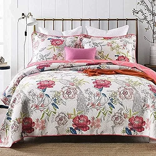 روتختی پنبه‌ای طرح‌دار سه تکه سایز کینگ، طرح گل گلدوزی شده دو رو، لحاف سبک وزن، رو تختی دو نفره، روکش تخت خواب تزئینی به همراه 2 روبالشتی، 230×