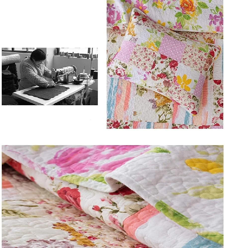 روتختی، روتختی های پنبه ای سبک روستایی، ست سه تکه لحاف تکه دوزی دست دوز با طرح راه راه گل رز، روکش تخت خواب نرم و راحت با روبالشی
