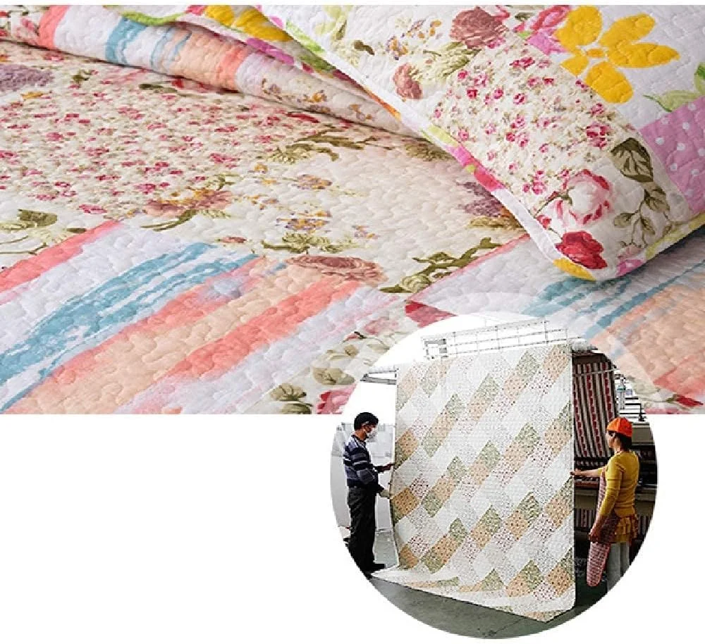 روتختی، روتختی های پنبه ای سبک روستایی، ست سه تکه لحاف تکه دوزی دست دوز با طرح راه راه گل رز، روکش تخت خواب نرم و راحت با روبالشی