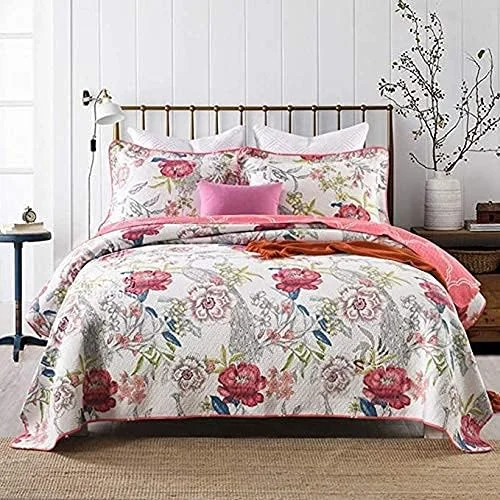 روتختی پنبه‌ای طرح‌دار سه تکه سایز کینگ، طرح گل گلدوزی شده دو رو، لحاف سبک وزن، رو تختی دو نفره، روکش تخت خواب تزئینی به همراه 2 روبالشتی، 230×